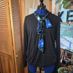 J. Crew Black and Blue Sweater With Attached Floral Scarf